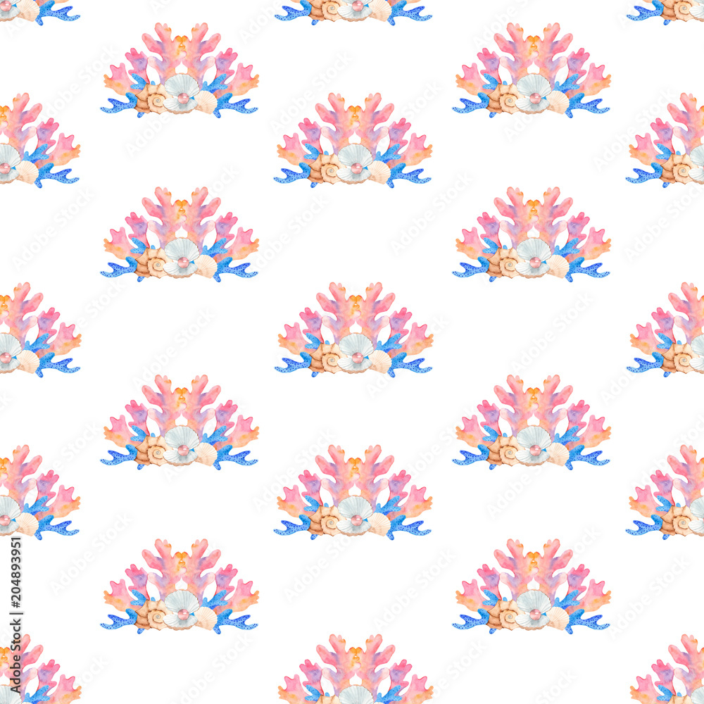 A seamless pattern of composition with shells and corals. Marine watercolor background. Suitable for postcards, invitations, wallpapers, scrap.