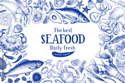 Seafood vector frame illustration. Can be use for restaurants menu, cover, packaging. Vintage hand drawn banner template. Retro background.