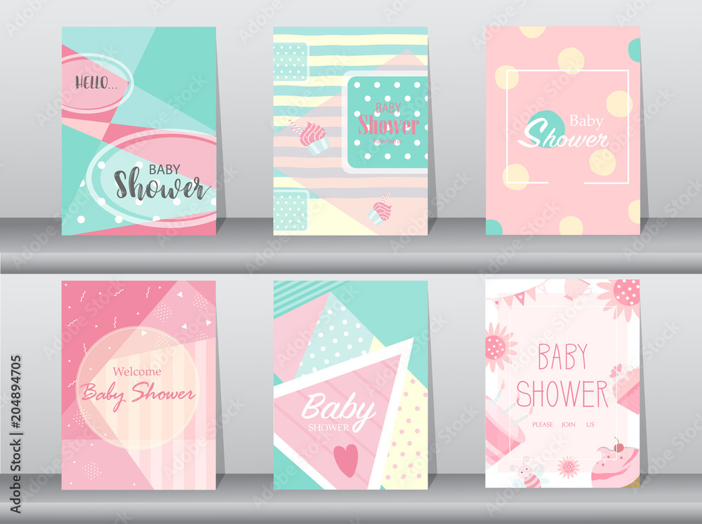 Set of baby shower card on retro pattern design,vintage,poster,template,greeting,Vector illustrations