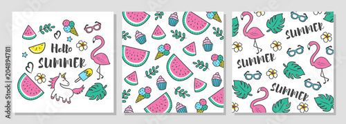 Vector summer card with watermelon and unicorns. Summer vector illustration. Wrapping paper or fabric.