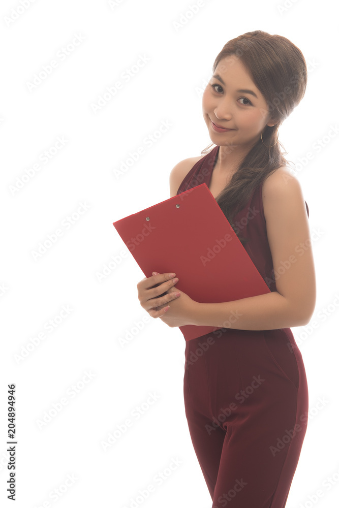 Portrait of asian woman with red folder for documents isolated on white background. Free from copy space. Portrait of asian woman with red folder for documents isolated on white background. Free from copy space.
