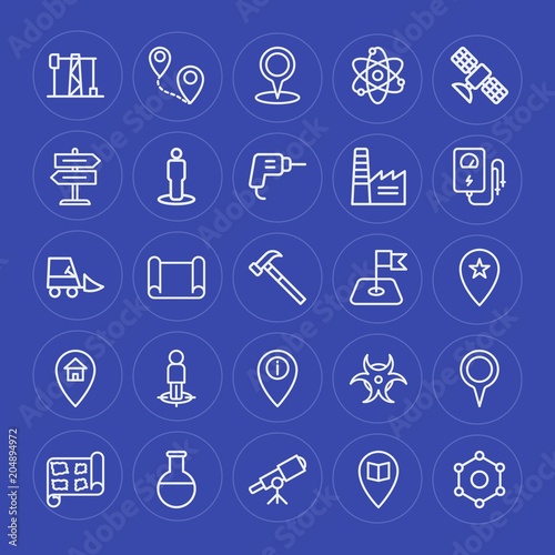 Modern Simple Set of industry, science, location Vector outline Icons. Contains such Icons as arrow, industry, chemical, lab, discovery and more on blue background. Fully Editable. Pixel Perfect.