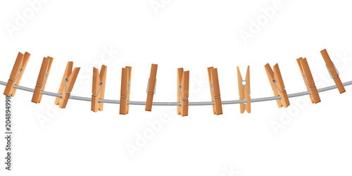 Wooden clothespin on clothes line holding rope vector illustration isolated on white background photo