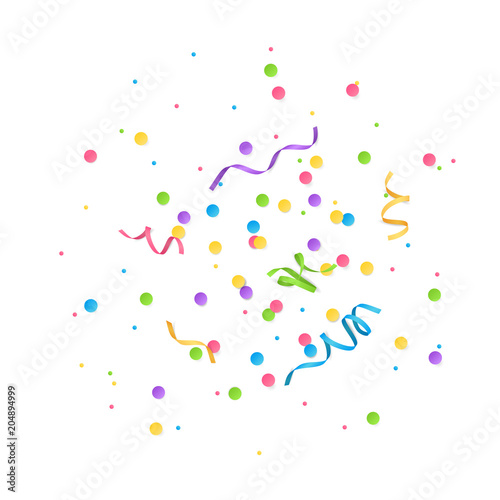 Vector colorful round confetti and colored curved ribbons isolated from the white background. Festive decorative elements for holiday design.