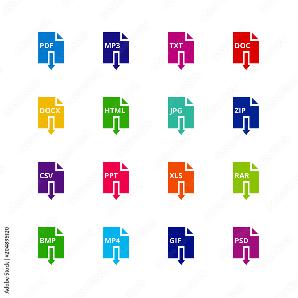 File format extensions icons. Pdf, mp3, txt, doc, docx, html, jpg, zip,  csv, ppt, xls, rar download document vector buttons Stock Vector | Adobe  Stock