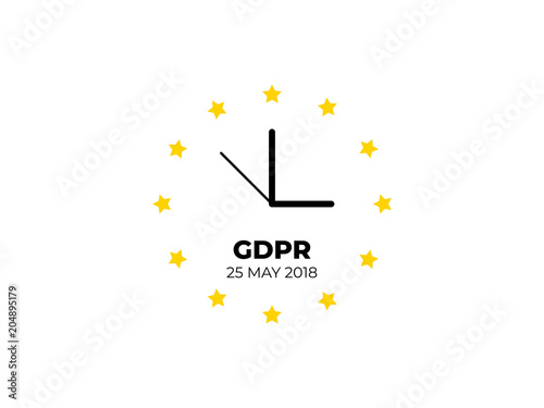 GDPR - General Data Protection Regulation. EU flag with clock, white background. Vector illustration