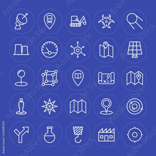 Modern Simple Set of industry, science, location Vector outline Icons. Contains such Icons as way, tool, satellite, railway, crane, sign and more on blue background. Fully Editable. Pixel Perfect.