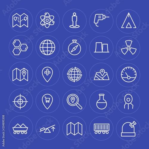 Modern Simple Set of industry, science, location Vector outline Icons. Contains such Icons as sky, observatory, freight, chemistry, drill and more on blue background. Fully Editable. Pixel Perfect.