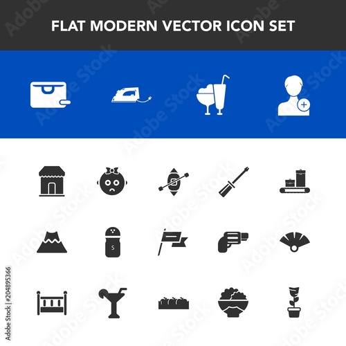 Modern, simple vector icon set with volcano, luggage, lava, member, sad, baby, account, food, wind, crater, landscape, , seasoning, screwdriver, mountain, bag, ship, cute, spice, repair, nation icons
