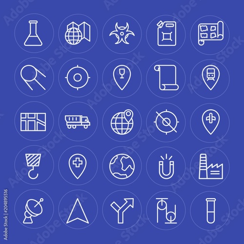 Modern Simple Set of industry, science, location Vector outline Icons. Contains such Icons as delivery, danger, experiment, dish, power and more on blue background. Fully Editable. Pixel Perfect.