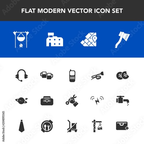 Modern, simple vector icon set with telephone, sound, world, snack, cookie, builder, astronomy, helmet, music, speaker, industry, alcohol, flame, bag, business, geography, tool, saturn, fashion icons