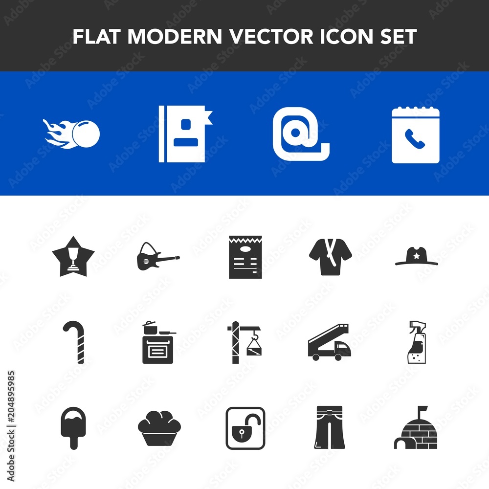 Modern, simple vector icon set with hat, comet, astronomy, first, saw, phone, message, musical, sign, kitchen, candy, cowboy, white, igloo, music, winner, fashion, snow, internet, sheriff, west icons