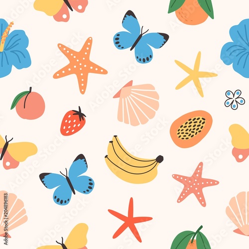 Seamless pattern with summer tropical fruits, butterflies, exotic flowers, seashells, starfish on white background. Flat colorful vector illustration for fabric print, wrapping paper, backdrop