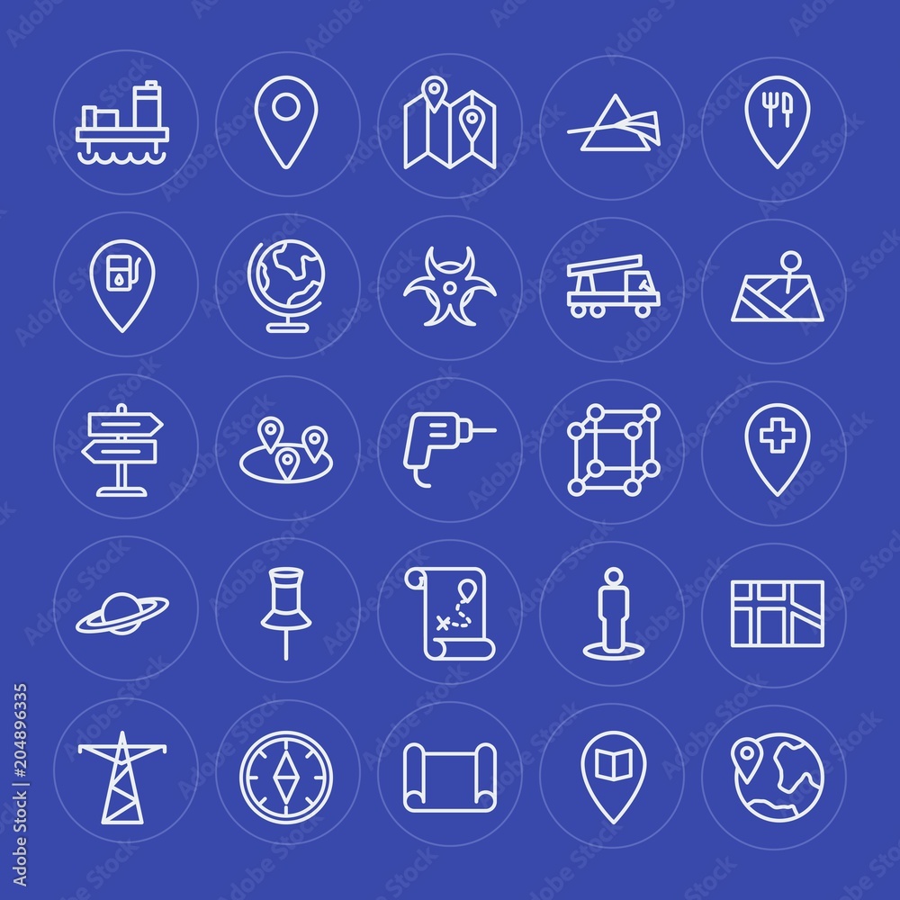Modern Simple Set of industry, science, location Vector outline Icons. Contains such Icons as  location,  abstract, oil,  station, petrol and more on blue background. Fully Editable. Pixel Perfect.