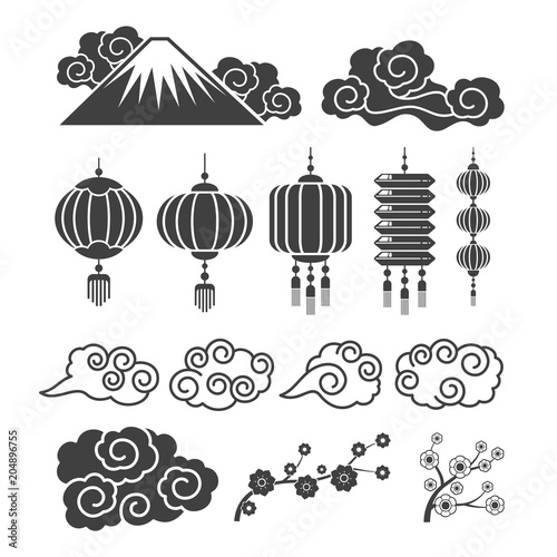 Vintage asian element silhouettes. Traditional chinese or japanese lamps, flowers, clouds