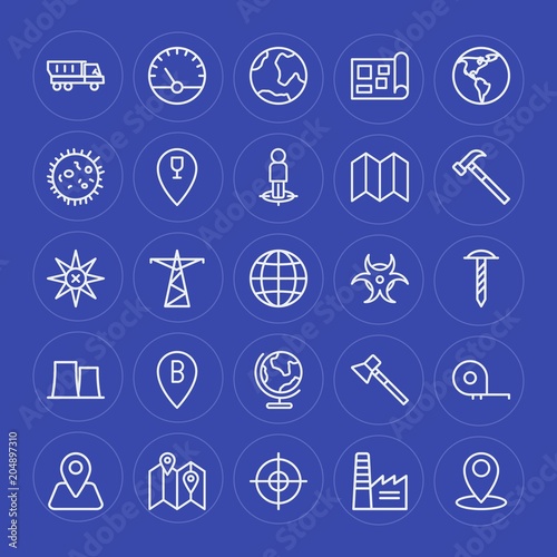Modern Simple Set of industry, science, location Vector outline Icons. Contains such Icons as street, industrial, truck, meter, tower and more on blue background. Fully Editable. Pixel Perfect.