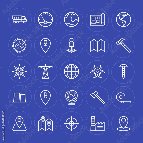 Modern Simple Set of industry, science, location Vector outline Icons. Contains such Icons as  street,  industrial,  truck,  meter,  tower and more on blue background. Fully Editable. Pixel Perfect.