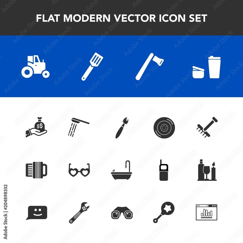 Modern, simple vector icon set with hammer, car, tire, finance, agriculture, accordion, paint, agricultural, music, glasses, construction, auto, garden, water, tool, field, farm, sack, shower icons Modern, simple vector icon set with hammer, car, tire, finance, agriculture, accordion, paint, agricultural, music, glasses, construction, auto, garden, water, tool, field, farm, sack, shower icons