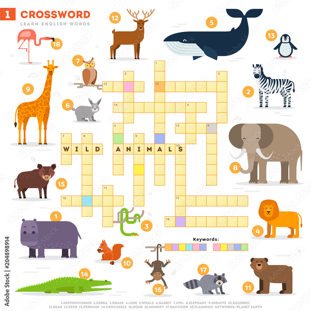 Crossword with huge set of illustrations and keyword in vector flat design  isolated on white background. Crossword 1 - Wild animals - learning English  words with images Stock Vector | Adobe Stock