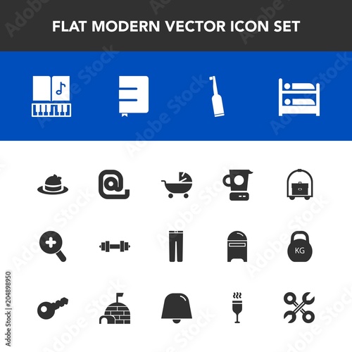Modern, simple vector icon set with paper, pram, hotel, repair, vacation, message, fashion, musical, food, gym, child, fitness, book, mixer, baby, pants, envelope, kid, page, notebook, hostel icons