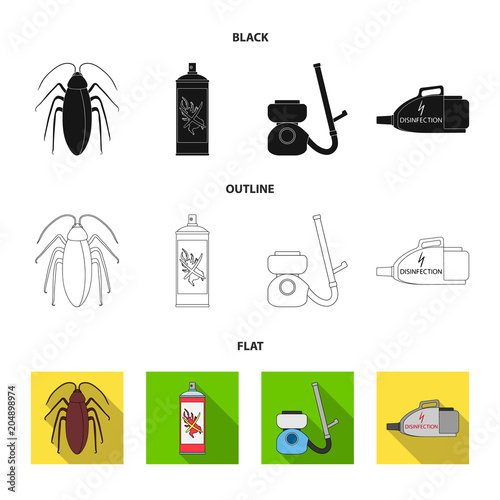 Cockroach and equipment for disinfection black,flat,outline icons in set collection for design. Pest Control Service vector symbol stock web illustration.