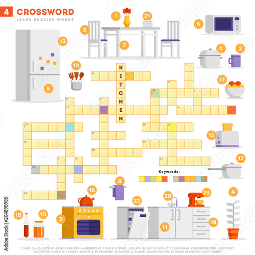 Crossword with huge set of illustrations and keyword in vector flat design isolated on white background. Crossword 4 - Kitchen - learning English words with images