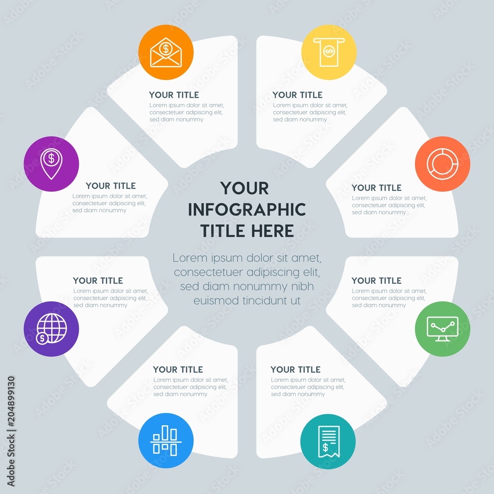 Circle chart money, charts infographic template with 8 options for presentations, advertising, annual reports Circle chart money, charts infographic template with 8 options for presentations, advertising, annual reports
