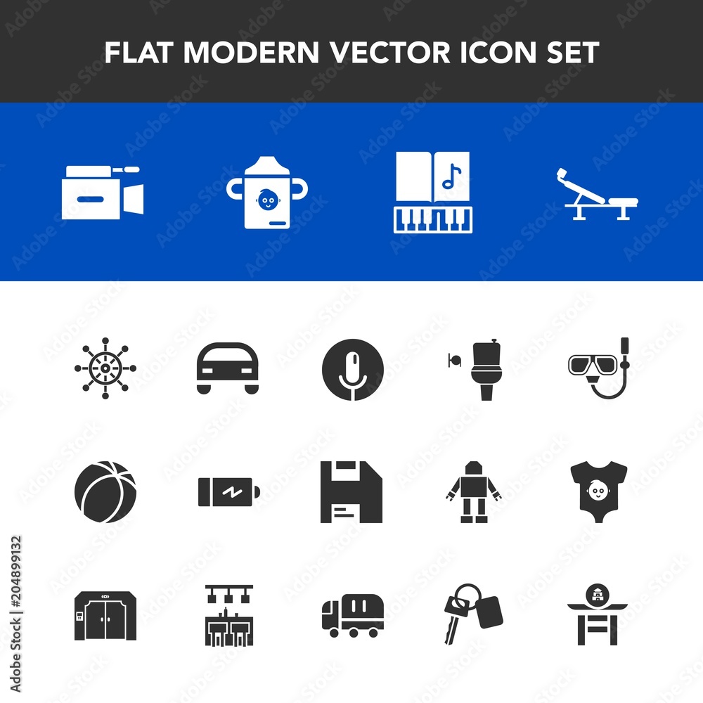 Modern, simple vector icon set with camera, game, sound, bathroom, bottle, electricity, nutrition, musical, video, voice, mask, seat, rudder, computer, vehicle, summer, football, ship, full, car icons