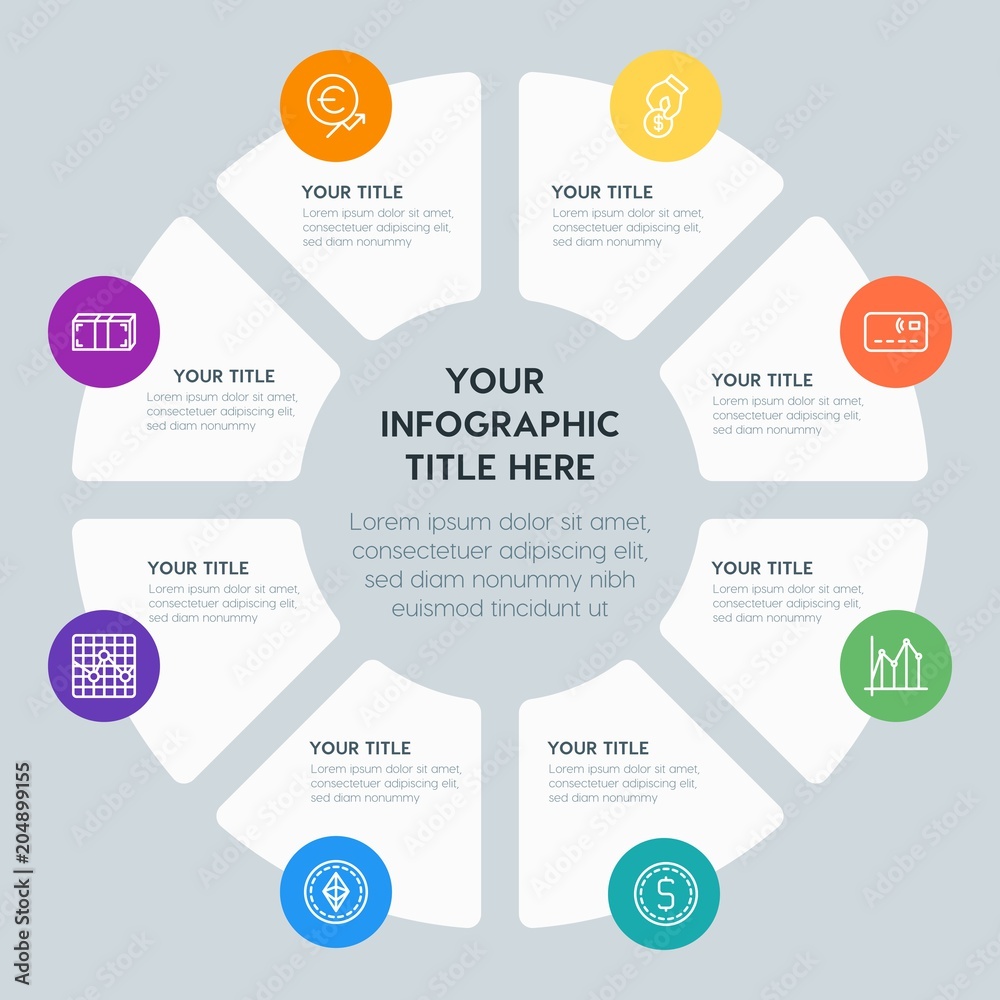 Circle chart money, charts infographic template with 8 options for presentations, advertising, annual reports Circle chart money, charts infographic template with 8 options for presentations, advertising, annual reports