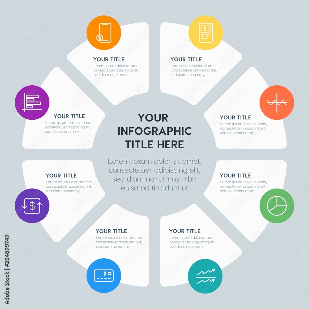 Circle chart money, charts infographic template with 8 options for presentations, advertising, annual reports Circle chart money, charts infographic template with 8 options for presentations, advertising, annual reports