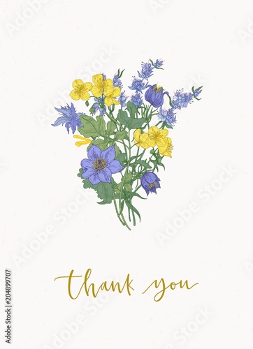 Floral card template with gorgeous bouquet or bunch of purple and yellow meadow blooming flowers and wild flowering herbs on white background and Thank You inscription