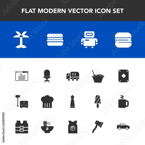 Modern, simple vector icon set with armchair, website, king, transport, robot, chess, chair, sofa, comfortable, cargo, car, android, interior, technology, sandwich, burger, poker, snack, truck icons