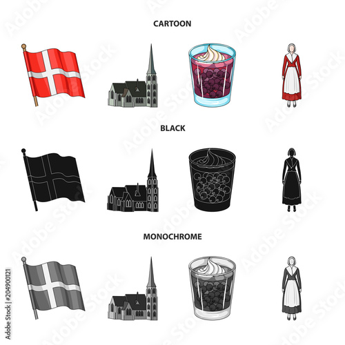 Flag, national, symbol, and other web icon in cartoon,black,monochrome style.Denmark,history, tourism, icons in set collection.