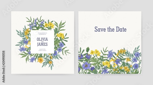 Wedding party invitation and Save The Date card templates decorated with beautiful yellow and purple blooming wild flowers and flowering herbs on white background. Botanical vector illustration.