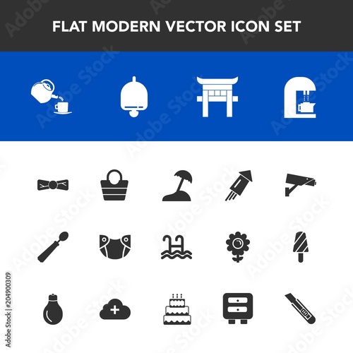 Modern, simple vector icon set with care, firework, safety, security, travel, espresso, alarm, baby, water, island, surveillance, elegance, object, style, japan, cafe, coffee, cup, festival, bag icons