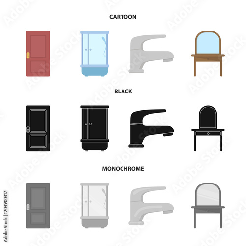 Door, shower cubicle, mirror with drawers, faucet.Furniture set collection icons in cartoon,black,monochrome style vector symbol stock illustration web.