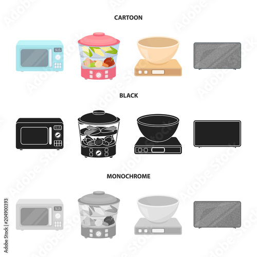 Steamer, microwave oven, scales, lcd tv.Household set collection icons in cartoon,black,monochrome style vector symbol stock illustration web.