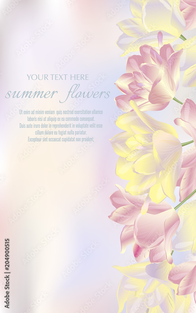 Obraz premium Template for greeting cards, wedding decorations, sales. Vector vertical banner with tulips. Spring or summer design.