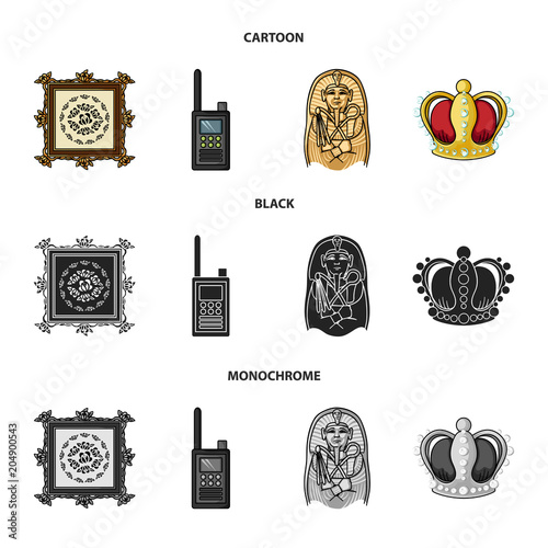 Picture, sarcophagus of the pharaoh, walkie-talkie, crown. Museum set collection icons in cartoon,black,monochrome style vector symbol stock illustration web.