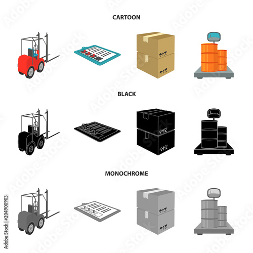 Forklift, delivery slips, packaged goods, cargo on weighing scales. Logistics and delivery set collection icons in cartoon,black,monochrome style isometric vector symbol stock illustration web.
