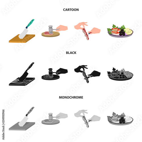 Cutlass on a cutting board, hammer for chops, cooking bacon, eating fish and vegetables. Eating and cooking set collection icons in cartoon,black,monochrome style vector symbol stock illustration web.