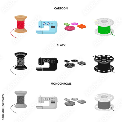 Thread reel, sewing machine, bobbin, pugwitz and other equipment. Sewing and equipment set collection icons in cartoon,black,monochrome style vector symbol stock illustration web.