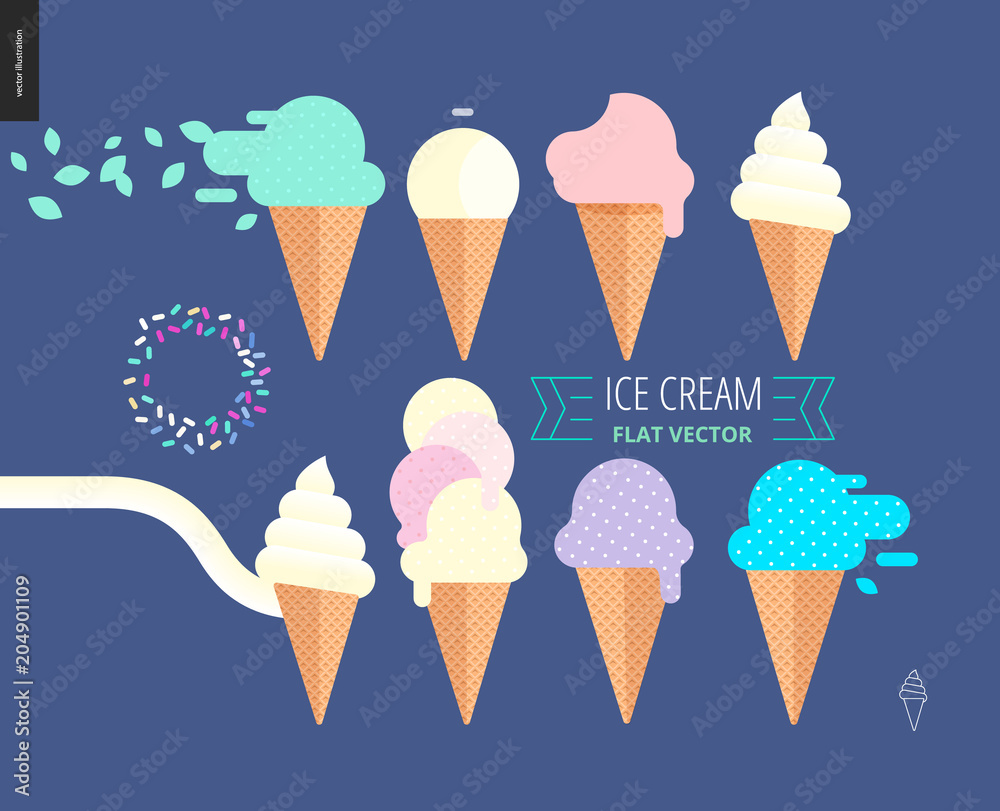 Ice cream scoops in waffle cones set - flat cartoon vector illustration ...