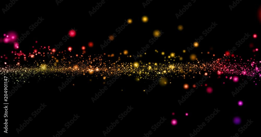 christmas digital glitter sparks multi color particles bokeh flowing on black background, holiday festive happy new year event