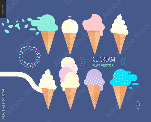 Ice cream scoops in waffle cones set - flat cartoon vector illustration of vanilla, pink, fruit, white, blue, mint and purple ice cream scoops in waffle cones with sprinkles - composition set