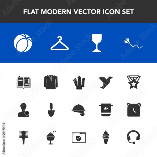 Modern, simple vector icon set with fun, king, joy, avatar, work, service, medal, user, glass, waiter, hanger, waitress, ball, jacket, clothing, restaurant, sport, book, textbook, kite, strategy icons