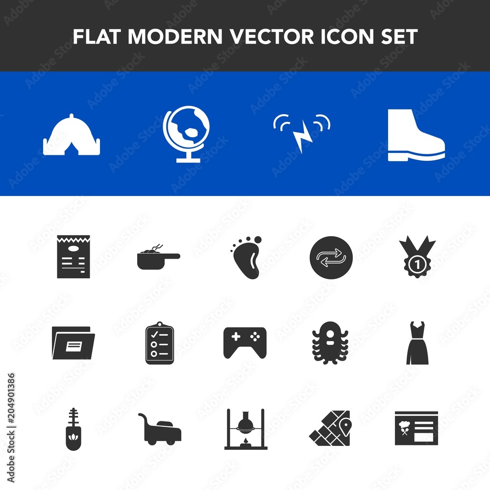 Modern, simple vector icon set with change, dinner, food, energy, file, checklist, dish, foot, pot, planet, outdoor, world, travel, play, mark, meal, newborn, tent, footwear, adventure, menu icons