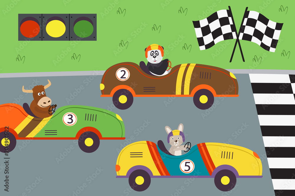 Fototapeta classic old race cars with animal on races - vector illustration, eps