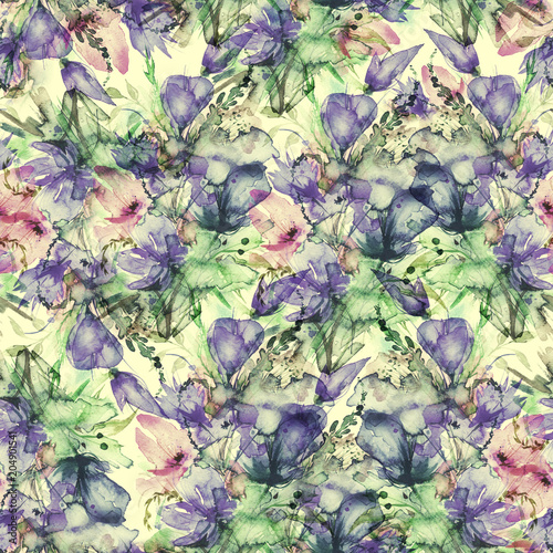 Seamless Pattern of pink  lilac wild flowers on a branch in watercolor. Bud  branch  petal  bouquet of flowers tulip  poppy  iris  wild herbs. For textiles  wallpaper. Abstract  fashionable pattern.