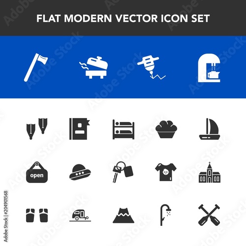 Modern, simple vector icon set with hand, spaceship, phone, food, shop, tool, dessert, automobile, telephone, key, sign, summer, ufo, auto, wind, underwater, directory, coffee, store, cake, cafe icons